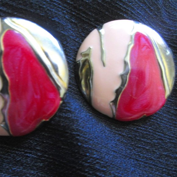 Vintage 80's Earrings Pink enamel Round abstract Earrings - Picture 3 of 5